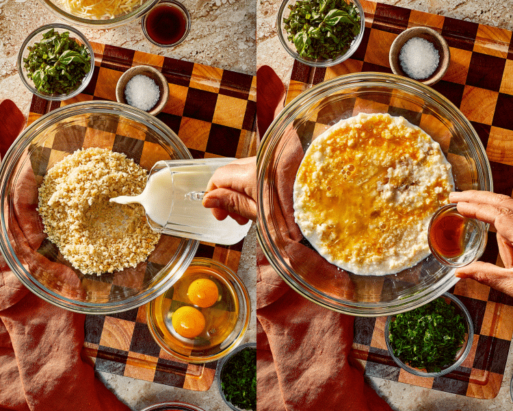 Side-by-side image of mixing the panko breadcrumbs and whole milk to make the panade then adding the worcestershire sauce and egg.