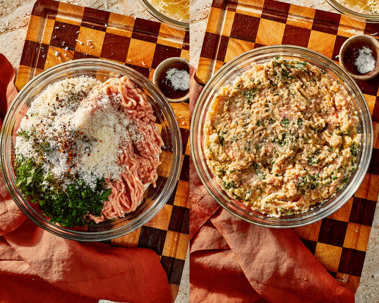 Side-by-side image of mixing all the meatloaf ingredients together in a large mixing bowl.