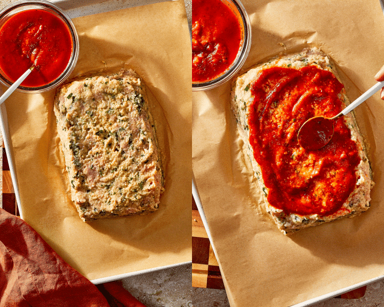 Side-by-side of shaping parmesan chicken meatloaf then topping with marinara sauce.