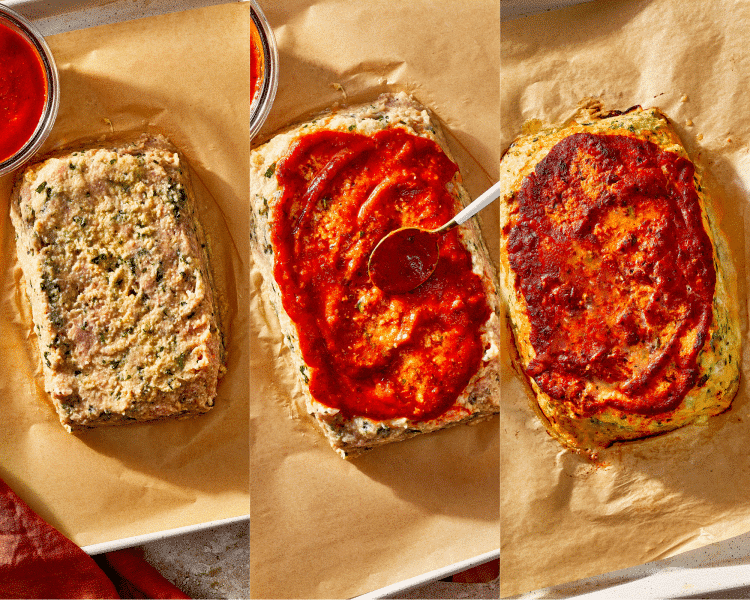 Three images side-by-side of forming the meatloaf, topping with marinara sauce, then baking for 35-40 minutes.