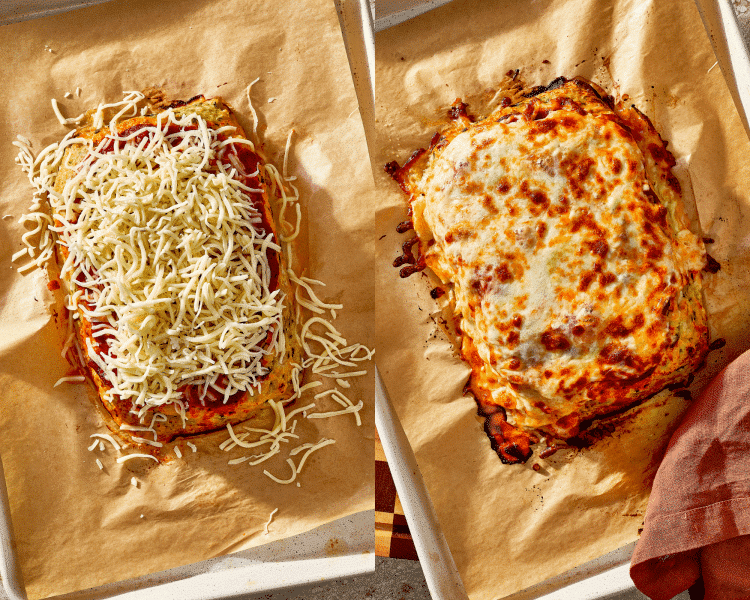 Side-by-side photo of adding mozzarella cheese to meatloaf then baking until melted.