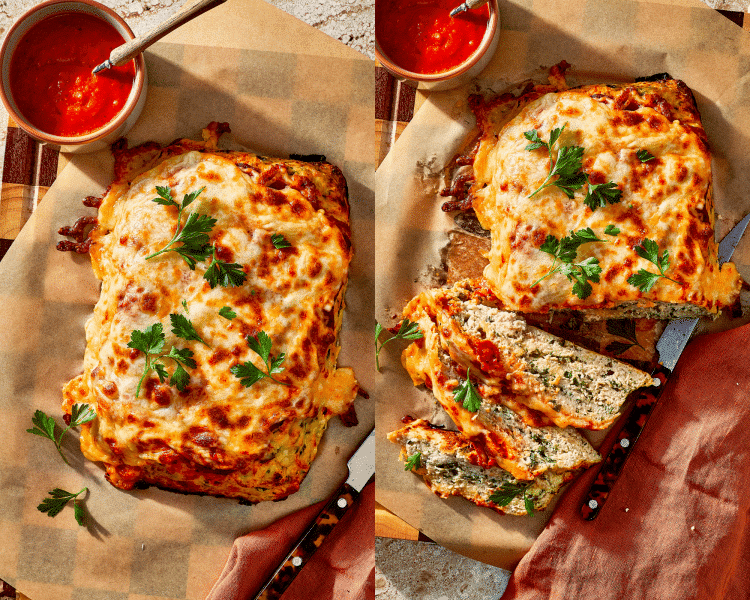 Side-by-side of garnishing chicken parmesan meatloaf with fresh basil then slicing after it has rested for 10 minutes.