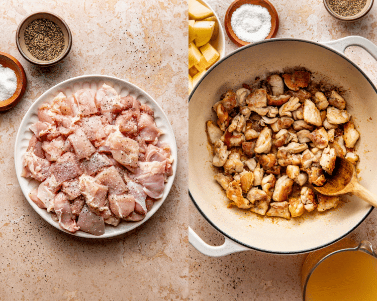 Side-by-side image of seasoning cubed chicken with salt and pepper then browning in a large dutch oven.
