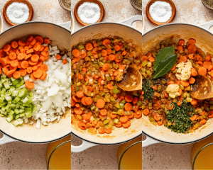 Three images side-by-side of cooking veggies and adding seasonings and herbs.
