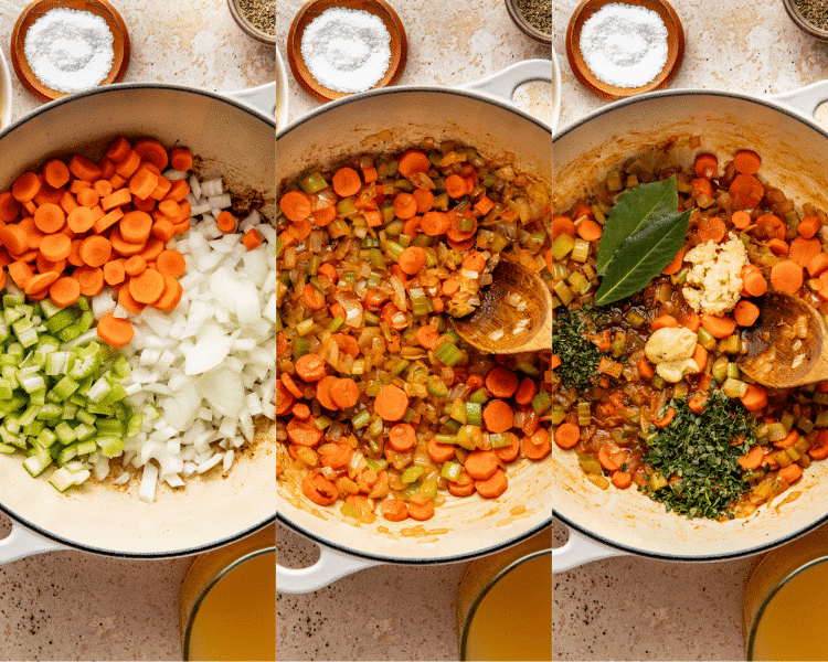 Three images side-by-side of cooking veggies and adding seasonings and herbs.
