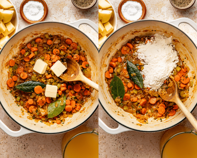 Side-by-side image of adding the butter and flour to the cooked veggies and letting it cook for a few minutes to get rid of raw flour taste.