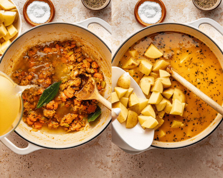 Side-by-side of adding the broth and potatoes to chicken stew.