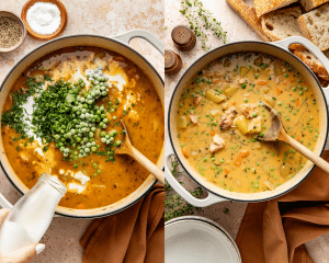 Side-by-side of adding the heavy cream, frozen peas, and parsley to stew and stirring until everything is combined.