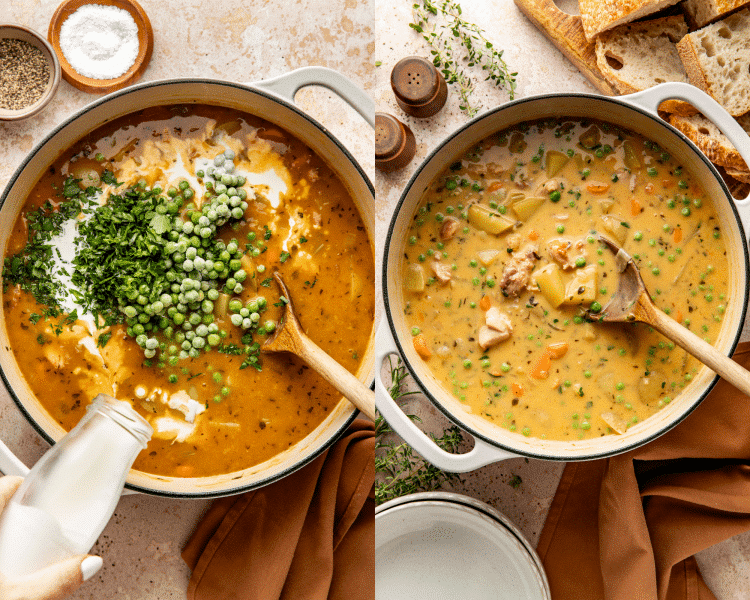 Side-by-side of adding the heavy cream, frozen peas, and parsley to stew and stirring until everything is combined.