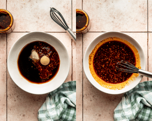 Side-by-side of whisking chili crisp sauce ingredients together.