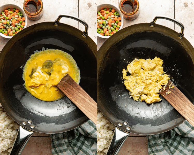 Side-by-side of cooking eggs in large wok.