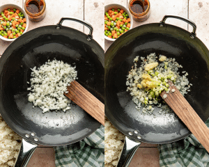 Side-by-side image of cooking aromatics in large wok.