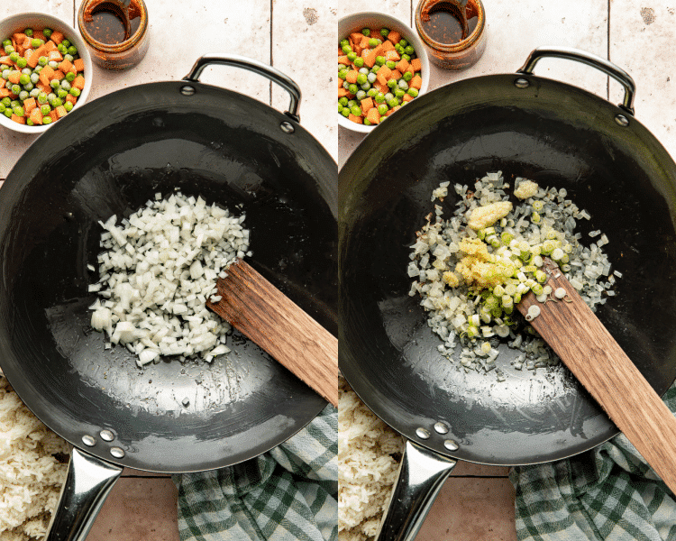 Side-by-side image of cooking aromatics in large wok.