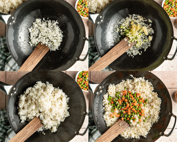 Four images showing how to cook the aromatics, fry the rice and add frozen peas and carrots.