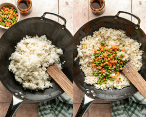 Side-by-side of adding cold rice to the skillet them adding the frozen peas and carrots.