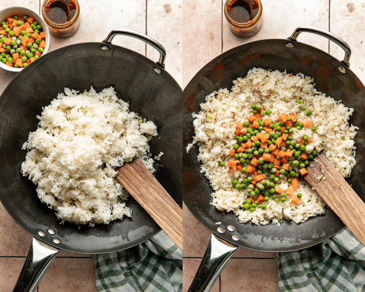 Side-by-side of adding cold rice to the skillet them adding the frozen peas and carrots.