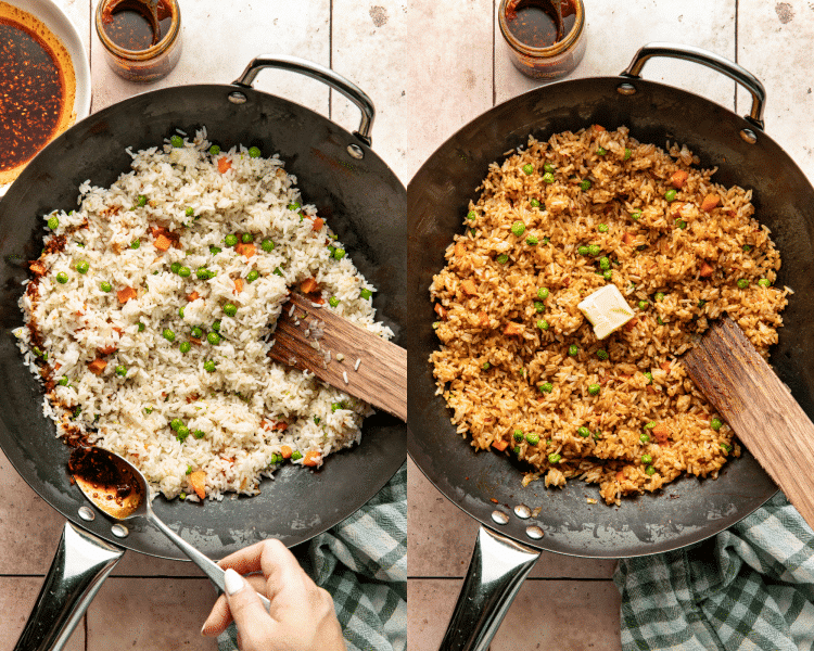 Side-by-side image of drizzling the chili crisp sauce around the side of the wok, then combining and adding the butter the last few minutes of cooking.