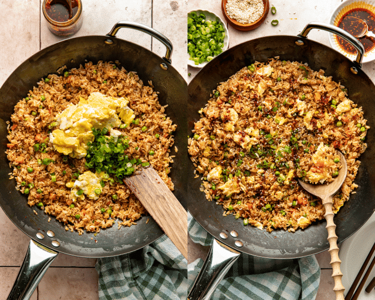 Side-by-side of adding the eggs and green onions back to rice then garnishing with extra chili crisp, green onions and sesame seeds.