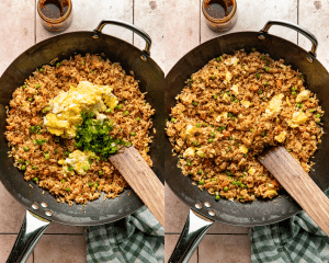 Side-by-side of adding the eggs and greens onions back to the rice and stirring until combined.