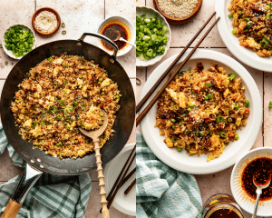 Side-by-side of chili crisp fried rice in a large wok then served on a plate with chopsticks on the side.