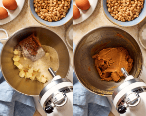 Side-by-side of creaming the butter and sugar in the bowl of a stand mixer.