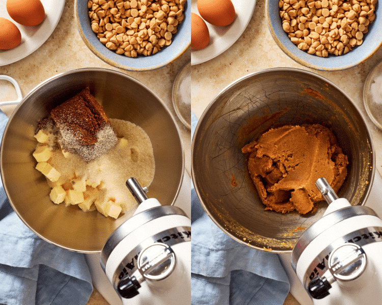 Side-by-side of creaming the butter and sugar in the bowl of a stand mixer.