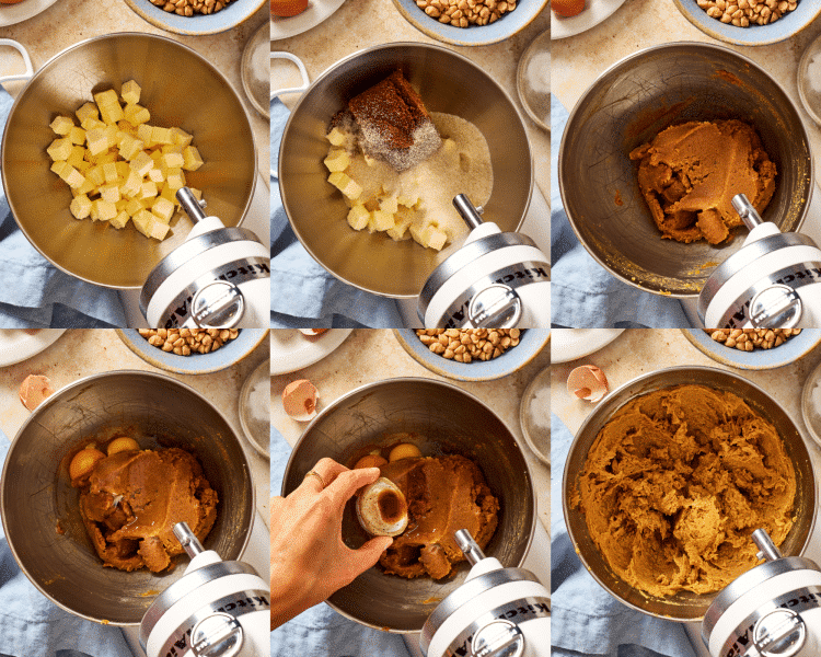Six images of mixing the wet ingredients together.