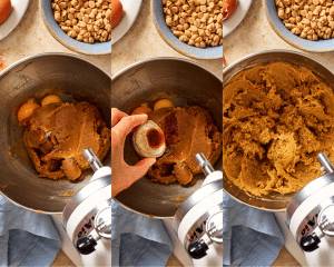Three images of adding the rest of the wet ingredients to the creamed butter and sugar.
