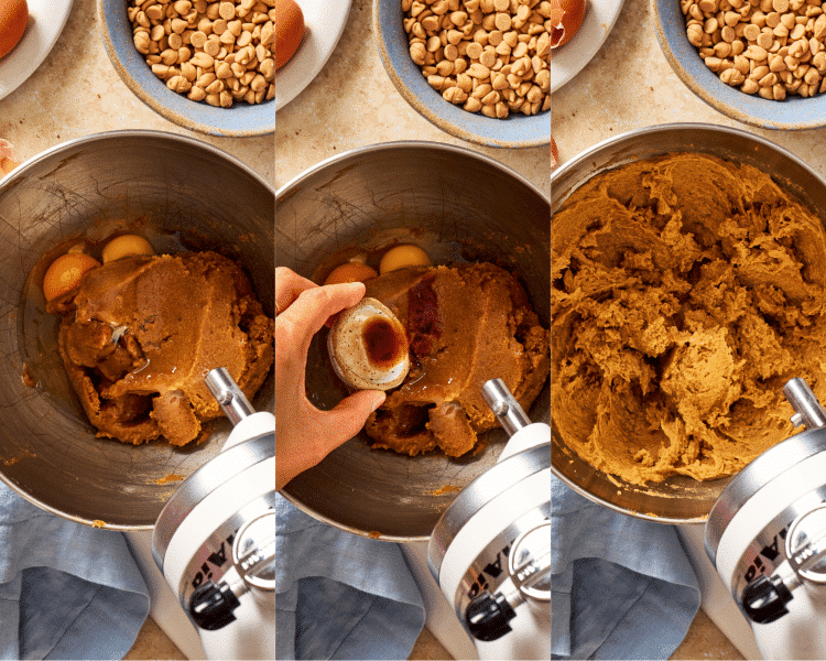 Three images of adding the rest of the wet ingredients to the creamed butter and sugar.
