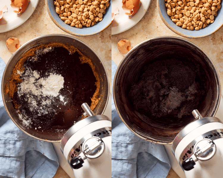 Side-by-side of adding the dry ingredients to the wet ingredients and mixing until just combined.