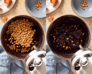 Side-by-side of adding peanut butter chips to the cookie dough then mixing to combined.