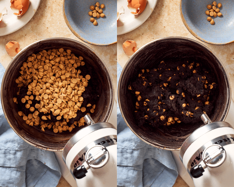 Side-by-side of adding peanut butter chips to the cookie dough then mixing to combined.
