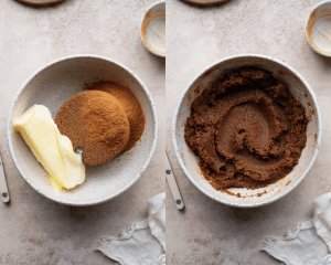 Side-by-side of mixing the cinnamon sugar filling ingredients together in a small bowl.
