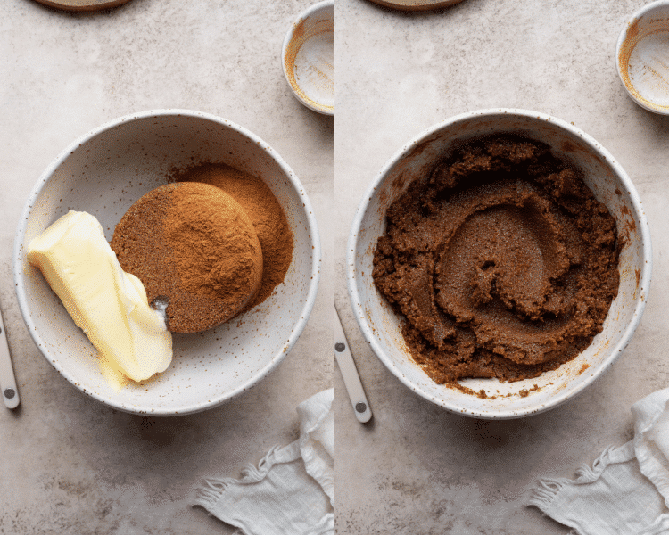 Side-by-side of mixing the cinnamon sugar filling ingredients together in a small bowl.