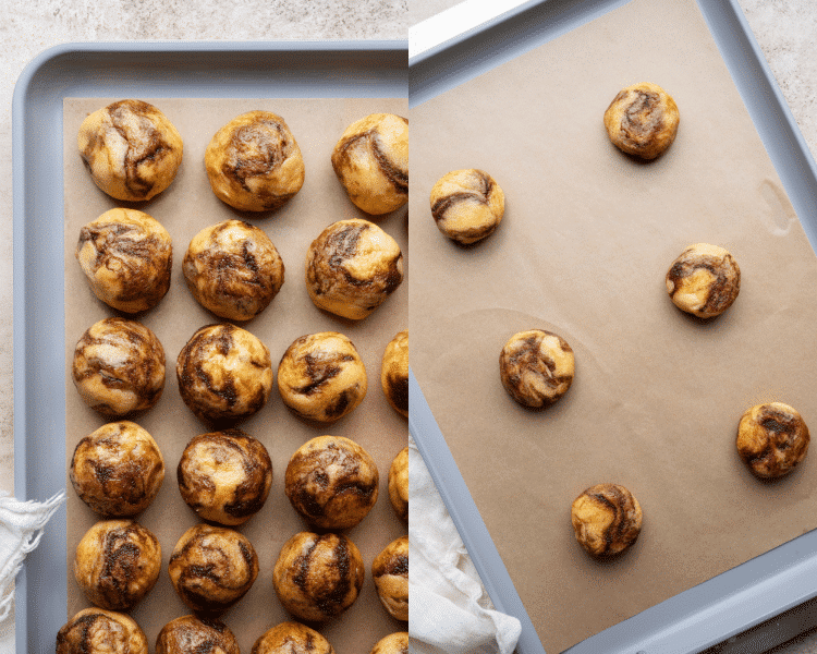 Side-by-side image of rolling cinnamon roll cookie dough together and placing 6 on prepared baking sheet.