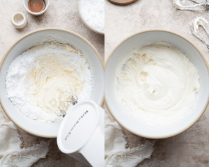 Side-by-side image of beating cream cheese frosting ingredients together.