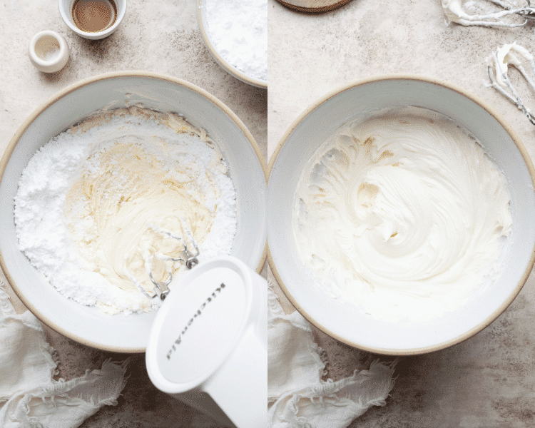 Side-by-side image of beating cream cheese frosting ingredients together.
