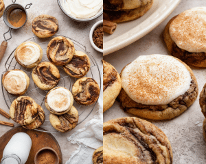 Side-by-side of some unfrosted and frosted cinnamon roll cookies on wire rack and an unclose photo of a frosted cookie sprinkled with extra cinnamon.