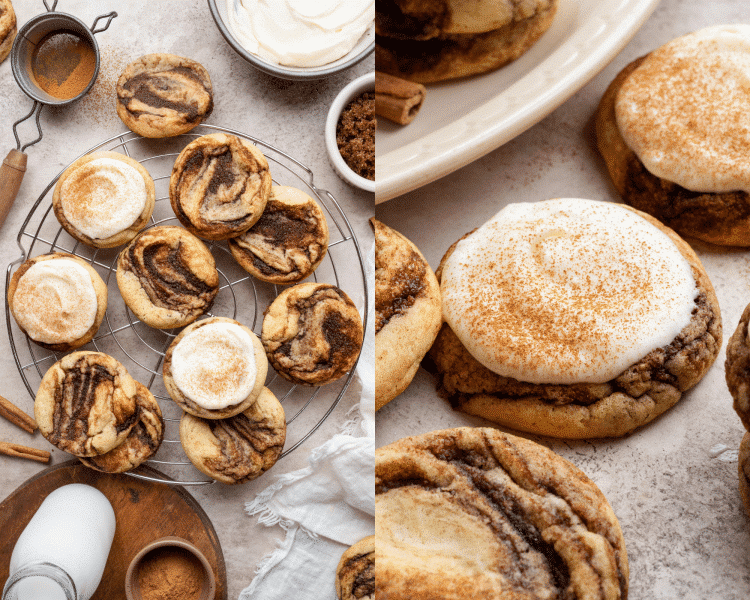 Side-by-side of some unfrosted and frosted cinnamon roll cookies on wire rack and an unclose photo of a frosted cookie sprinkled with extra cinnamon.
