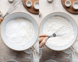 Side-by-side of whisking the dry ingredients together.