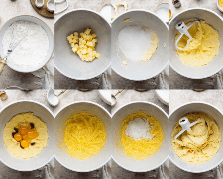 Eight images showing how to make the cookie dough for cinnamon roll cookies.