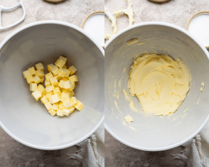 Side-by-side of beating the cold butter cubes until creamy.