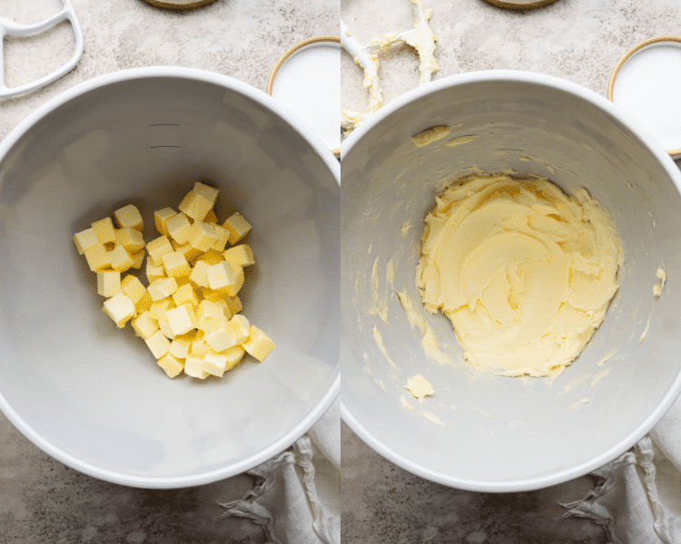 Side-by-side of beating the cold butter cubes until creamy.