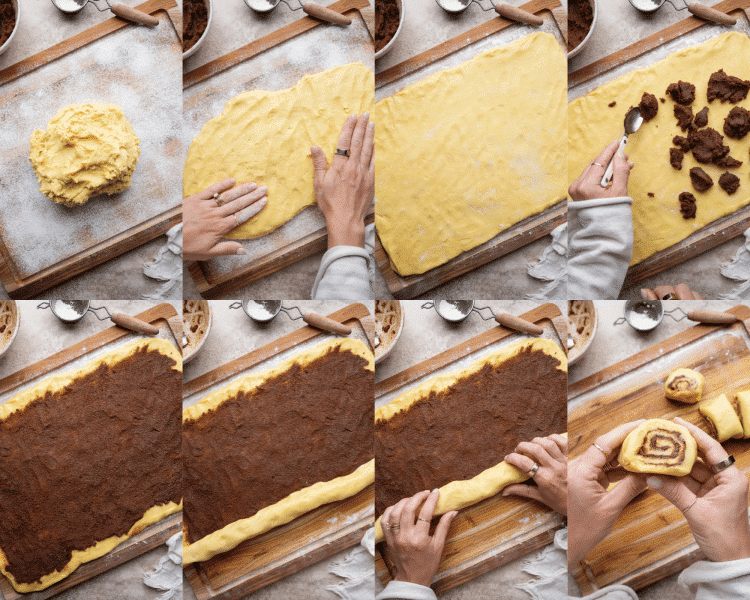 Eight images showing how to fill, roll and cut the cinnamon roll cookies.