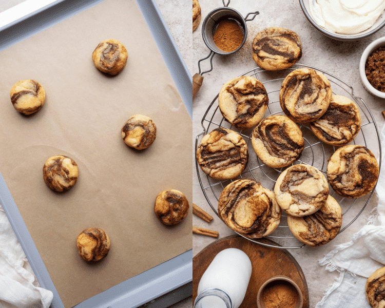 Side-by-side of six roll cookie dough balls placed on a prepared baking sheet then baked for 8-10 minutes and cooling on wire rack before frosting.