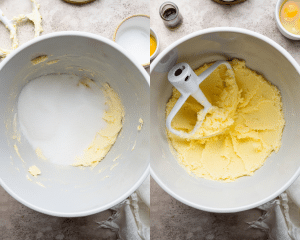 Side-by-side of beating the butter and sugar together until smooth.