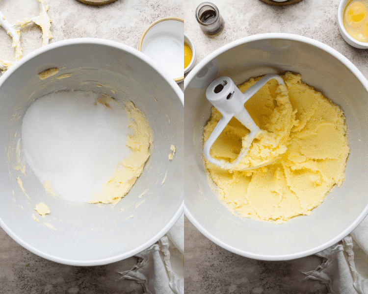 Side-by-side of beating the butter and sugar together until smooth.
