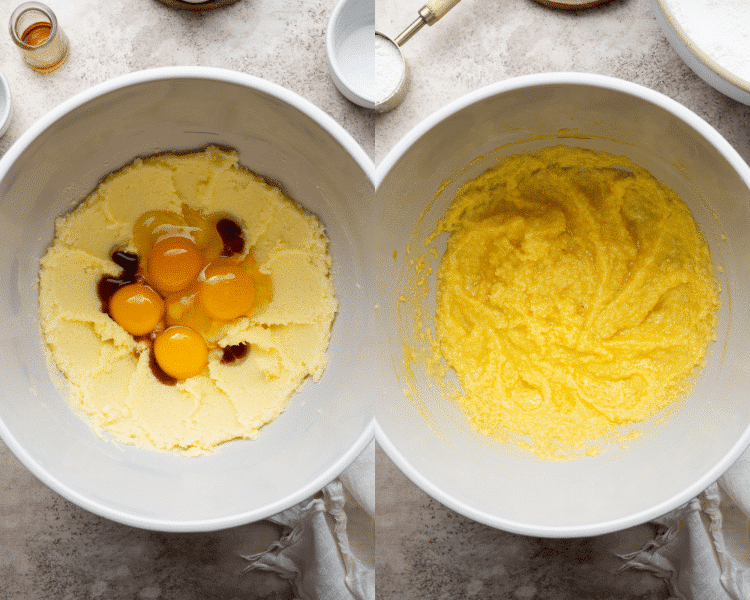 Side-by-side image of adding the eggs and vanilla to the butter and sugar and beating until combined.