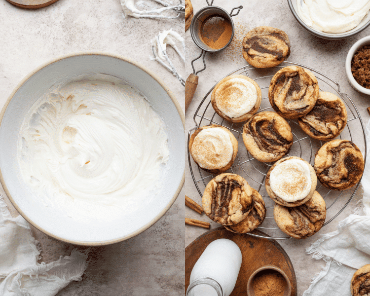 Side-by-side of making the cream cheese frosting then frosting cooled cookies on a wire rack.