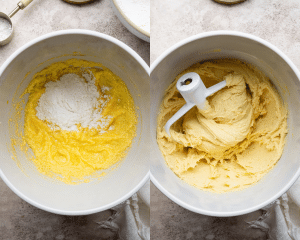 Side-by-side of adding the dry ingredients to the wet and mixing until combined.